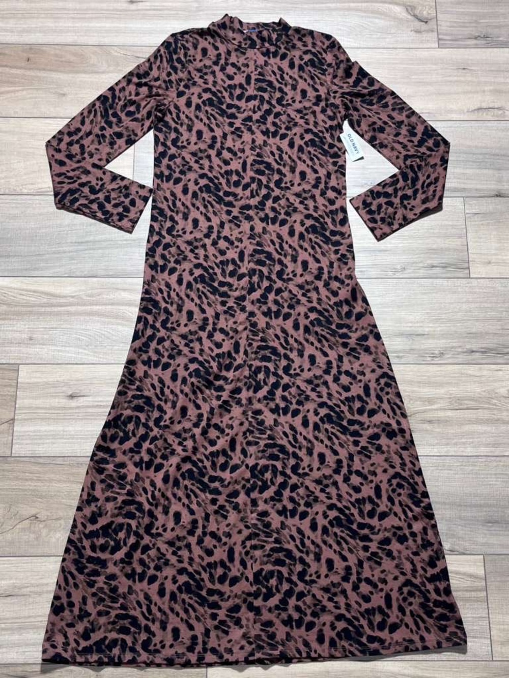Old Navy Womens Long Sleeve High Neck Maxi Dress Size M Leopard Brown & Black